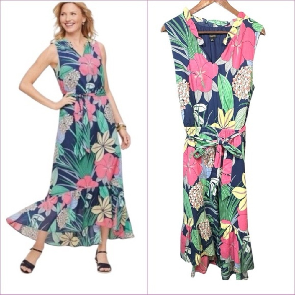 Talbots Voile Hibiscus Maxi Dress Size 16P Spring Floral Cotton V Neck Belted‎